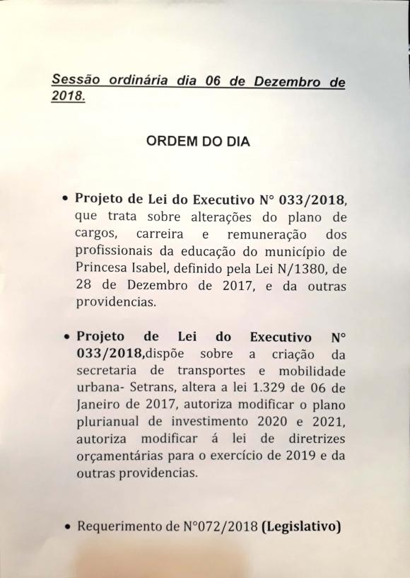 PAUTA DO DIA. 06 DE DEZEMBRO 2018.