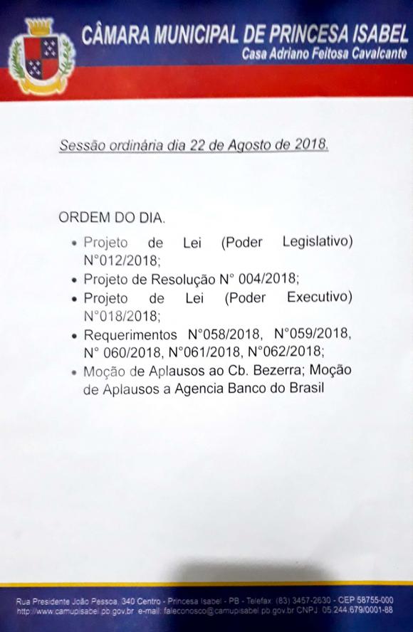 ORDEM DO DIA. 22 DE AGOSTO DE 2018. 