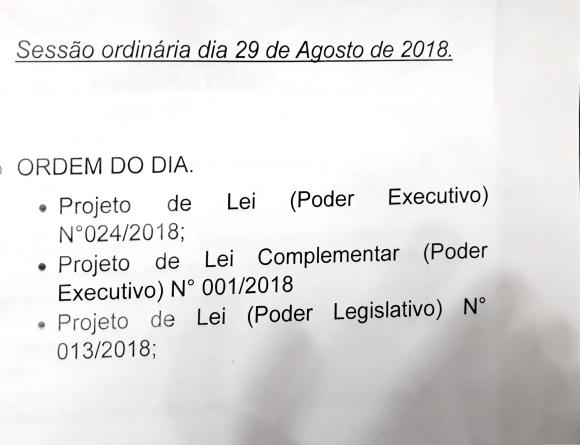 ORDEM DO DIA. 29 DE AGOSTO DE 2018. 