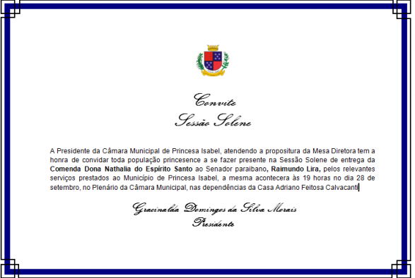 Convite para Sessão Solene. 28/09/2018