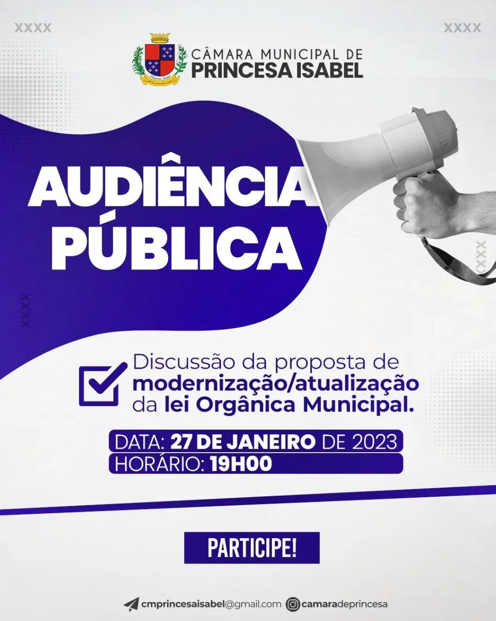 CONVITE - AUDIÊNCIA PÚBLICA PARA DISCUSSÃO DA LEI ORGÂNICA MUNICIPAL
